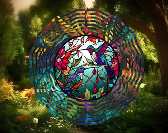 Faux Stained Glass Hummingbirds Wind Spinner-10 Inch Metal Double Sided Wind Spinner-Yard Art-Mothers Day Birthday Gift