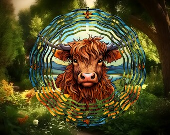 Faux Stained Glass Highland Cow and Sunflowers Wind Spinner, 10inch Double Sided Metal Wind Spinner, Yard Art, Birthday ,Mothers Day Gift
