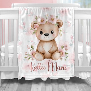Personalized Baby Girl Floral Bear Blanket, Custom New Baby Gift, Baby Shower Gift, Gift For Girl, Pink Nursery Blanket, Toddler Blanket