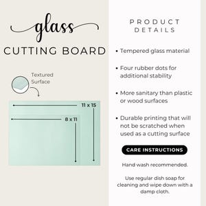 May include: A glass cutting board with dimensions of 8 x 11 inches and 11 x 15 inches. The board has a textured surface and is made of tempered glass. The product details include four rubber dots for stability and durable printing.