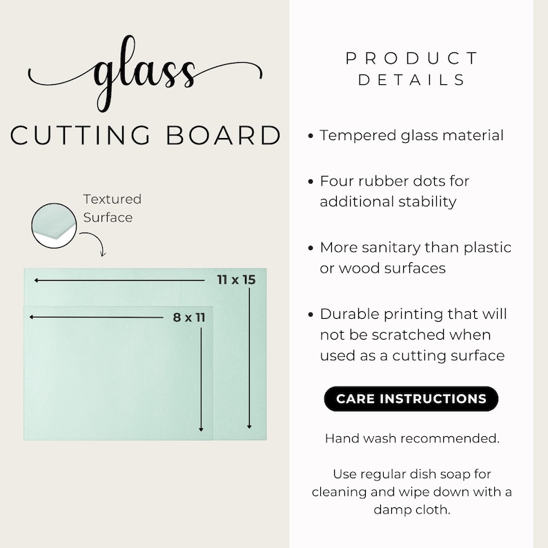 May include: A glass cutting board with dimensions of 8 x 11 inches and 11 x 15 inches. The board has a textured surface and is made of tempered glass. The product details include four rubber dots for stability and durable printing.