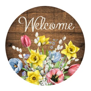 Welcome with spring flowers Wreath Sign, round wreath sign, Sign for wreath, door hanger, door decor,