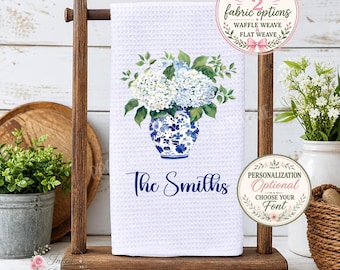 Personalized Hydrangeas In Blue Chinoiserie Vase Tea Dish Hand Kitchen Towel, Floral Kitchen Towel Decor Gift, Hostess Housewarming Gift