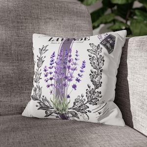 Almohada o funda de almohada cuadrada de doble cara con lavanda francesa, cojín estilo rústico, regalo para amantes de la lavanda, decoración de habitación con temática de lavanda