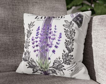 Almohada o funda de almohada cuadrada de doble cara con lavanda francesa, cojín estilo rústico, regalo para amantes de la lavanda, decoración de habitación con temática de lavanda.