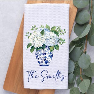 Personalized Hydrangeas In Blue Chinoiserie Vase Tea Dish Hand Kitchen Towel, Floral Kitchen Towel Decor Gift, Hostess Housewarming Gift