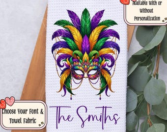Personalized Mardi Gras Mask Tea Dish Hand Kitchen Towel, Mardi Gras Kitchen Towel Decor Gift, Hostess Housewarming Gift For Her