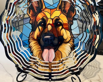 Faux Stained Glass German Shepherd  Wind Spinner, 10" Metal Double Sided Wind Spinner, Yard Art, Housewarming Gift, Mothers Day Gift