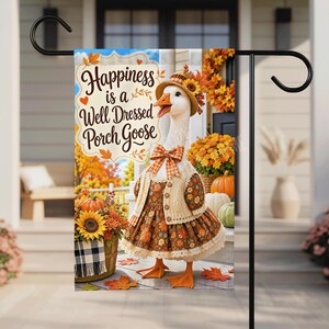 Fall Thanksgiving Girl Porch Goose Garden Flag, 12x18 Double Sided Flag: Happiness Is A Well Dressed Porch Goose