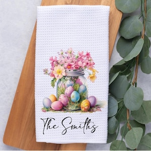 Personalized Easter Egg Spring Floral Tea Dish Hand Kitchen Towel, Spring Floral Mason Jar Kitchen Towel Decor, Hostess Housewarming Gift