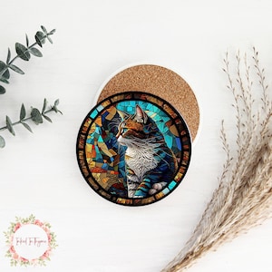 Faux Stained Glass Cat Ceramic Coaster, Animal Lover Coaster, Coffee Table Decor, Drink Coaster, Mix & Match Coasters, Cat Lover Gift
