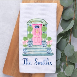 Chinoiserie Topiary Trees & Pink Door Tea Dish Hand Kitchen Towel, Kitchen Towel Decor Gift, Hostess Housewarming Gift, Mother&#39;s Day Gift