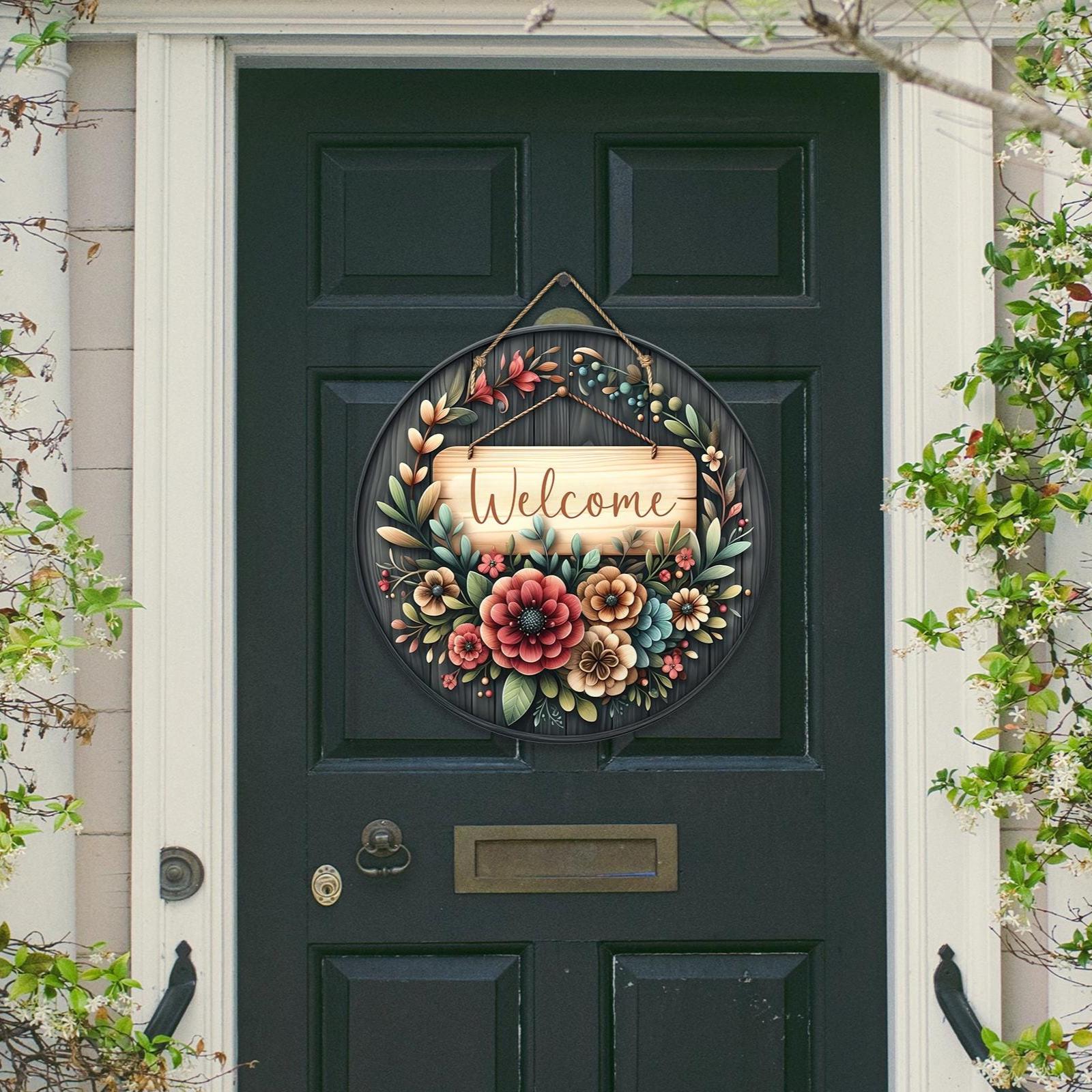 Welcome Front Door Sign, Round Faux Wood Door Hanger, New Home Apartment Decor, Front Porch Decor, New Home Gift, Housewarming