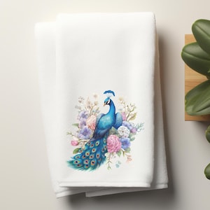 Peacock Velour Hand Towel, Bird Powder Room Towel, Bird Fingertip Guest Towel, Bathroom Decor, Hostess Housewarming Gift, Mother&#39;s Day Gift