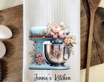 Blue Foral Mixer Personalized Tea Dish Hand Kitchen Towel, Custom Gift, Baking Tea Towel Kitchen Decor- Housewarming Farmhouse Hostess,