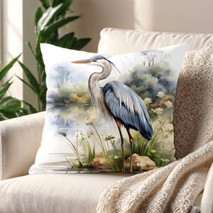 Funda de almohada cuadrada de doble cara con diseño de garza azul, cojín decorativo con diseño de garza, ideal para amantes de las aves, dormitorio, sala de estar, decoración costera, regalo de inauguración de la casa.