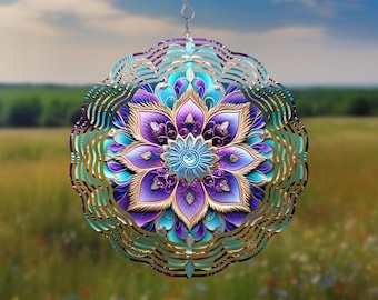 May include: A hanging wind spinner with a floral design. The spinner features a layered, circular design with a central flower in shades of purple, teal, and gold. It is suspended by a silver hook, suitable for outdoor decor.