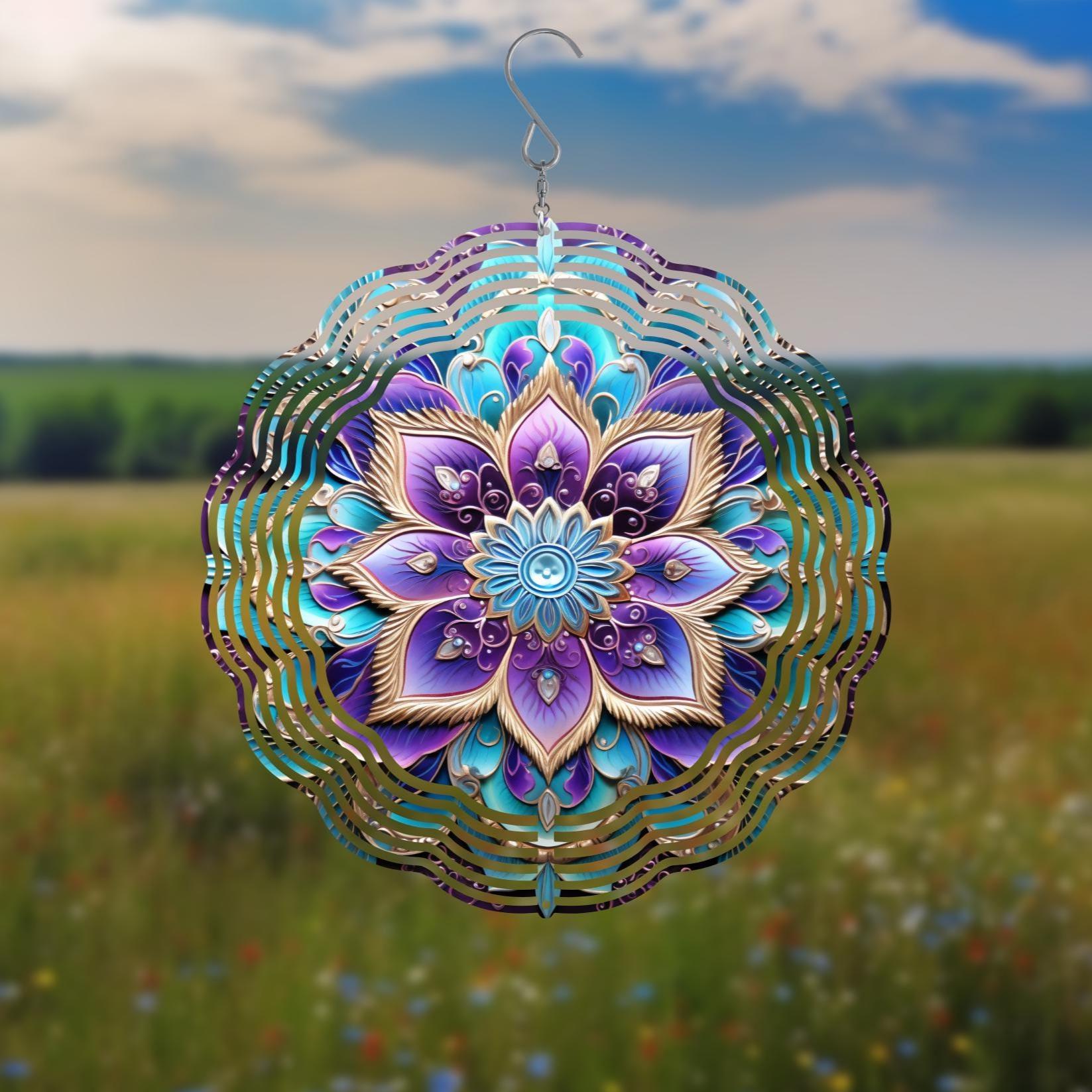 Purple and Teal Mandala Wind Spinner-10 Inch Double Sided Metal