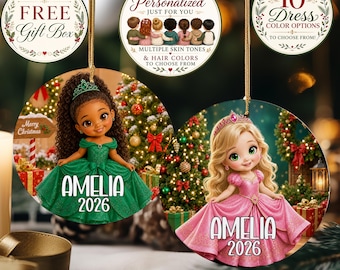Personalized Girls Princess Ornament: Keepsake Ornament For Kids, Customizable Yearly Girls Ornament