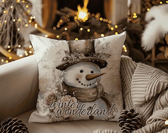 Winter Wonderland Snowman Double Sided Pillow or Pillow Cover - Christmas Decor- Winter Decor, Holiday Throw Pillow