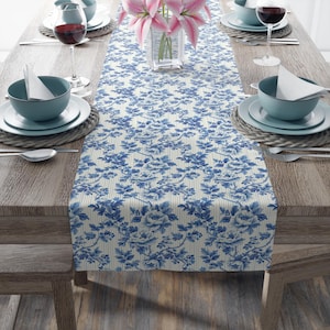 Chinoiserie Stripe Table Runner, Floral Table Runner, Blue Toile Table Decor, Blue Floral Table Runner, New Home Gift, Chinoiserie Decor