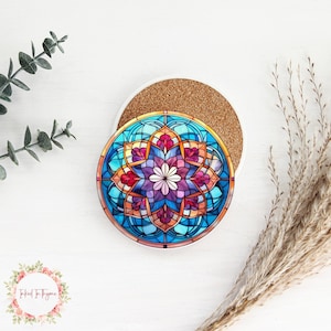Faux Stained Glass Mandala Ceramic Coaster, Mandala Lover Coaster, Coffee Table Decor, Drink Coaster, Mix & Match Coasters,