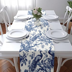 Chinoiserie Table Runner, Peacock Table Runner, Blue Toile Table Decor, Blue Floral Table Runner, Housewarming Gift, Chinoiserie Home Decor