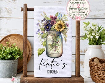 Personalized Wildflowers Jar Tea Dish Hand Kitchen Towel, Custom Kitchen Decor Gift-Hostess Housewarming Gift, Birthday Gift, Closing Gift