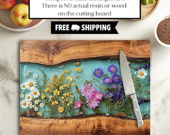 FAUX Floral Resin & Wood Tempered Glass Cutting Board, Charcuterie Board, Wedding Engagement Gift, Housewarming New Home Gift