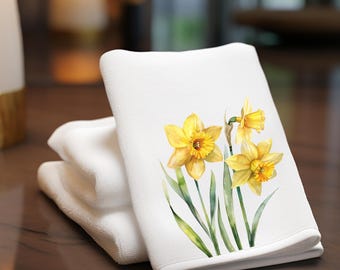 Daffodil Velour Hand Towel, Powder Room Towel, Daffodil Fingertip Guest Towel, Bathroom Decor, Hostess Housewarming Gift, Mother's Day