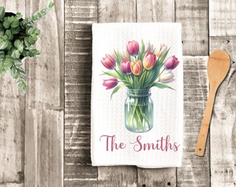 Personalized Tulips In Jar Dish Tea Hand Kitchen Towel,Kitchen Decor Gift- Spring Summer Decor-Housewarming Hostess