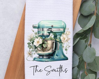 Aqua Floral Mixer Personalized Tea Dish Hand Kitchen Towel, Mother's Day Gift, Baking Kitchen Decor- Housewarming Farmhouse Hostess Gift