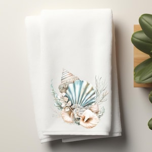Seashells Velour Decorative Towel, Beach Powder Room Towel, Coastal Towel, Bathroom Decor, Hostess Housewarming Gift, Mother's Day Gift