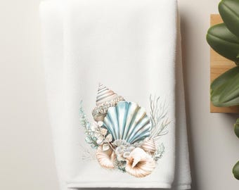 Seashells Velour Decorative Towel, Beach Powder Room Towel, Coastal Towel, Bathroom Decor, Hostess Housewarming Gift, Mother's Day Gift