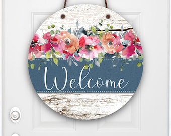Welcome Front Door Sign, Round Blue Floral Door Hanger, New Home Apartment Decor, Front Porch Decor, New Home Gift, Housewarming