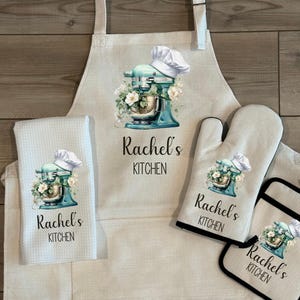 Teal Mixer Linen Apron Set, Personalized Oven Mitt Pot Holder Apron Set, Mixer Towel Gift Set, Gift For Her, Hostess Housewarming Gift