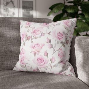 Funda de almohada cuadrada de doble cara con diseño floral de rosas rosadas, diseño Grandmillennial, estilo shabby chic, decoración de dormitorio