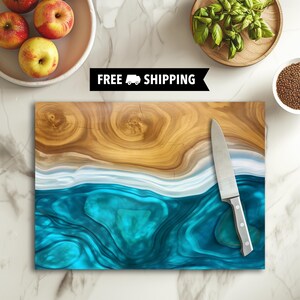 Woodgrain & Resin Look Tempered Glass Cutting Board, Charcuterie Board, Serving Tray, Hostess Housewarming, Challah Board, Anniversary Gift