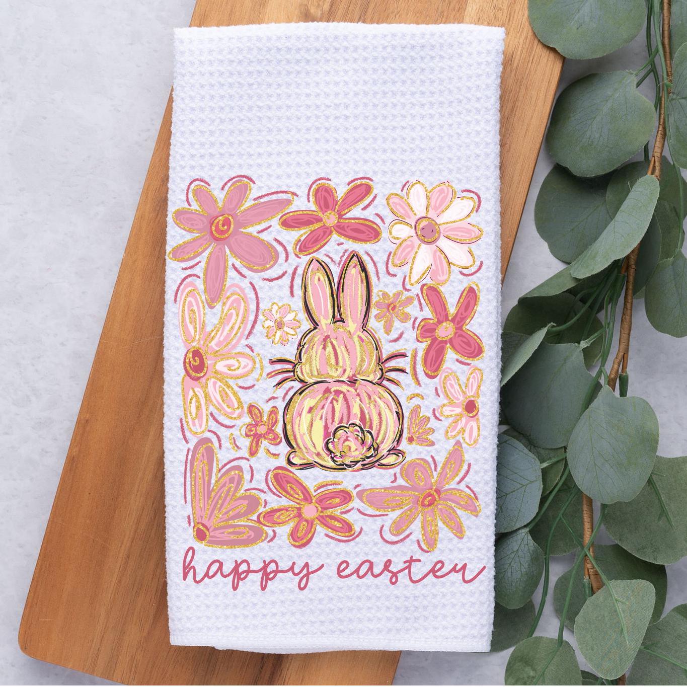 Custom Boho Pink Floral Bunny Tea Dish Hand Kitchen Towel, Easter Bunny Kitchen Towel Decor Gift-Hostess Housewarming, Easter Gift