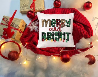 Merry & Bright Pillow Cover, Christmas pillow cover, Christmas Decor, Christmas gift