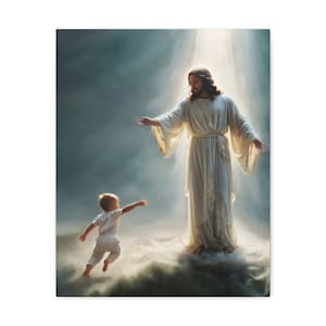 Jesus With Little Boy Canvas Wrap- Heavenly Welcome- Christian Wall Art- Jesus Art- Religious Wall Art
