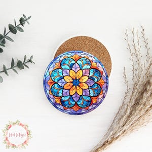 Faux Stained Glass Mandala Ceramic Coaster, Mandala Lover Coaster, Coffee Table Decor, Drink Coaster, Mix & Match Coasters,