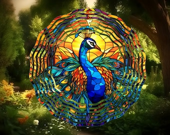 Faux Stained Glass Peacock  Wind Spinner, 10" Metal Double Sided Wind Spinner, Yard Art, Birthday Gift, Mothers Day Gift