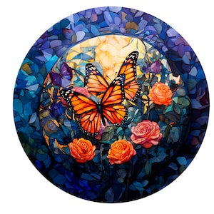 Monarch Butterfly Stained Glass Look Wreath Sign, round wreath sign, Sign for wreath, door hanger, door decor,Wreath Attachment