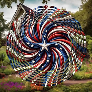 May include: A circular metal wind spinner featuring a patriotic red, white, and blue spiral pattern. The design includes a central white star surrounded by smaller white stars arranged in a circular formation, creating a dynamic, swirling effect.