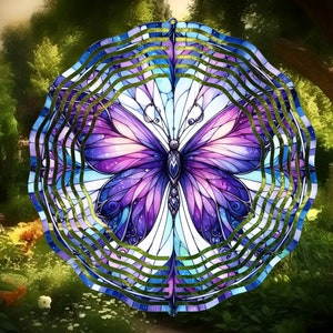 Stained Glass Purple Butterfly Wind Spinner-10 Inch Metal Double Sided Wind Spinner-Yard Art-Mothers Day Birthday Gift