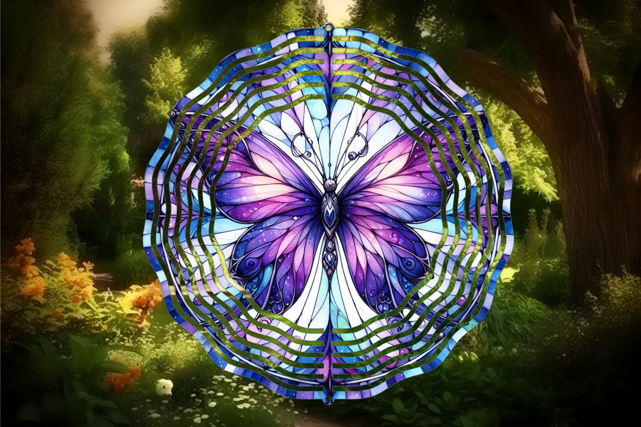 Faux Stained Glass Purple Butterfly Wind Spinner-10 Inch Metal Double Sided Wind Spinner-Yard Art-Mothers Day -Christmas Gift -Birthday Gift