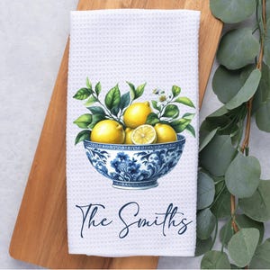 Custom Blue Chinoiserie Bowl of Lemons Tea Dish Hand Kitchen Towel, Custom Kitchen Towel Decor Gift- Farmhouse-Hostess Housewarming