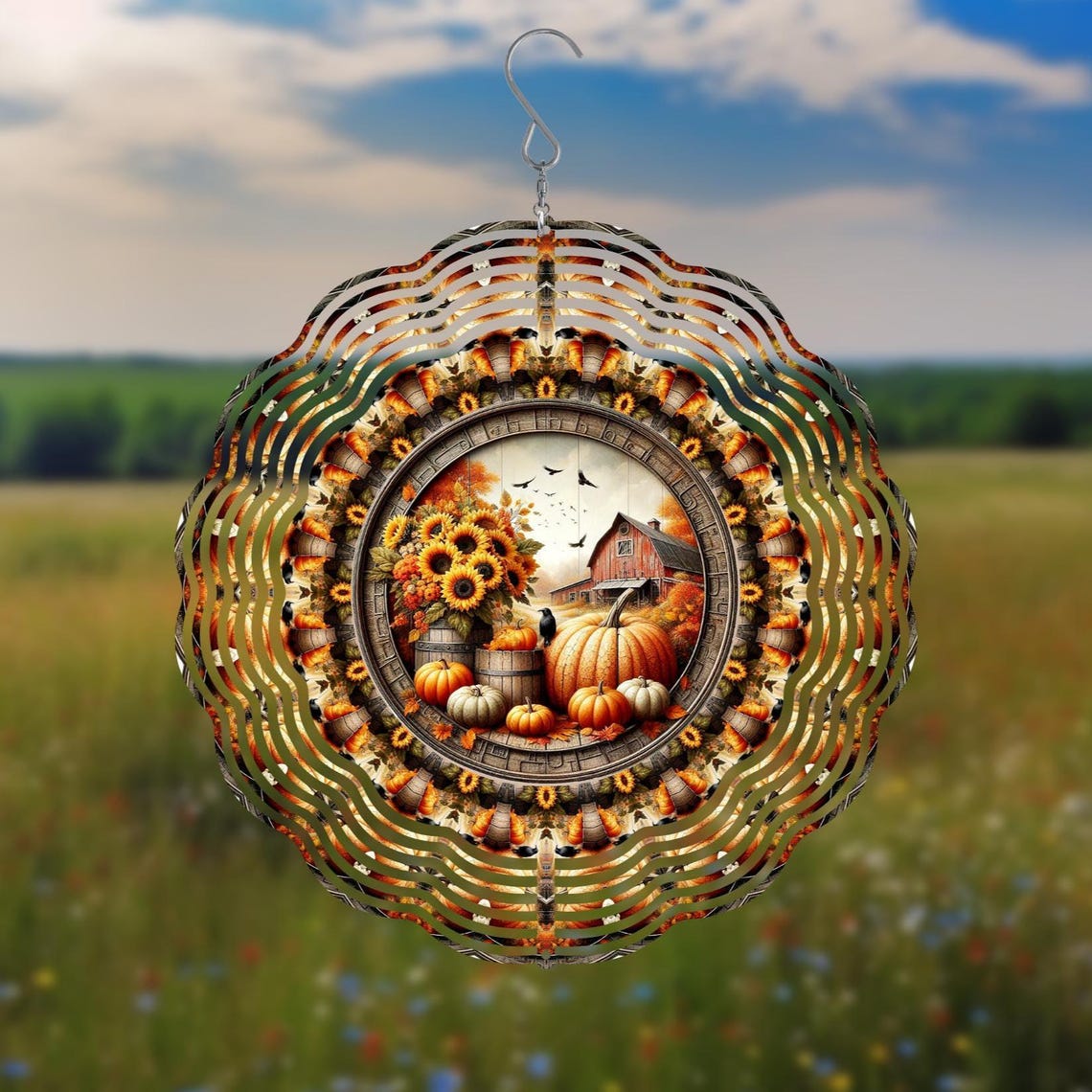 Fall Pumpkins & Sunflowers Wind Spinner-10 Inch Double Sided Metal Wind ...