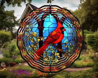Faux Stained Glass Cardinal Wind Spinner, 10" Metal Double Sided Wind Spinner, Yard Art, Housewarming Gift, Holiday Winter Christmas Decor